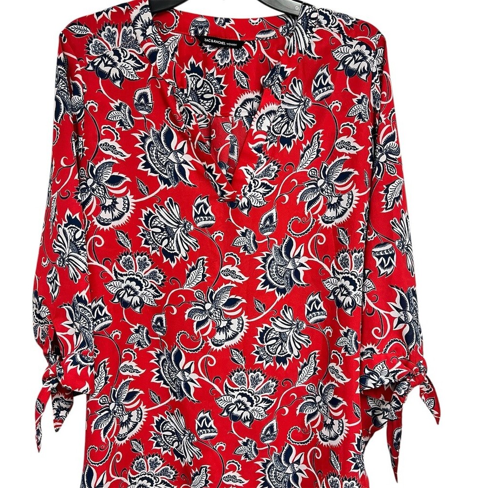 Zac & Rachel Blouse Womens Plus 2XL Red Floral V-Neck Pullover Long Sleeve